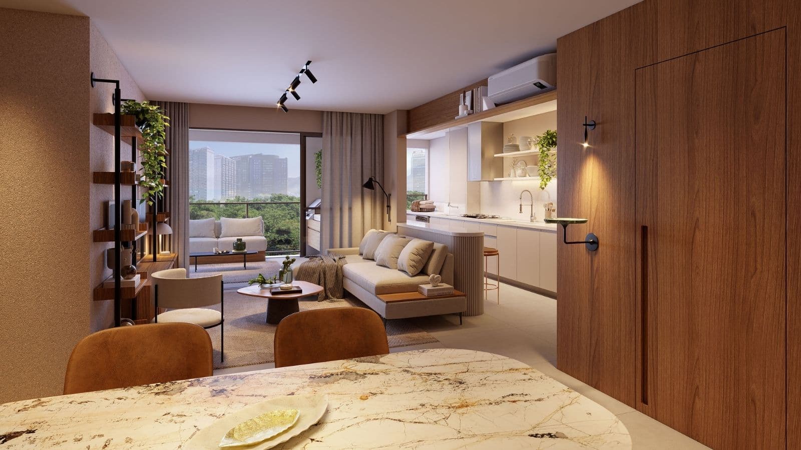 Perspectiva ilustrada da sala da unidade 505 do edifício Phuket do Gaea Home Resort