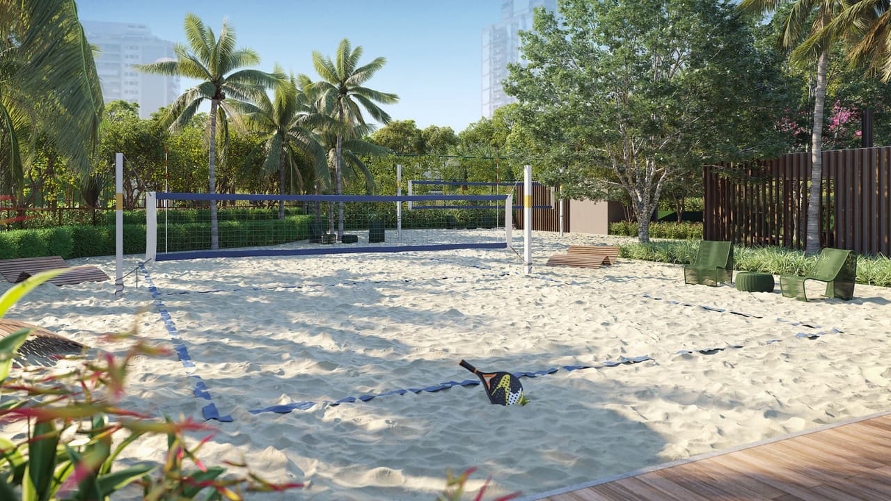 Perspectiva ilustrada das quadras de areia do Gaea Home Resort