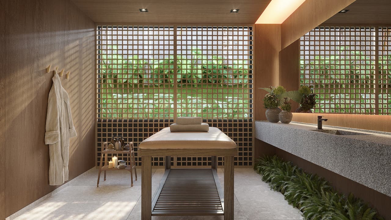 Perspectiva ilustrada da sala de massagem do SPA do Gaea Home Resort