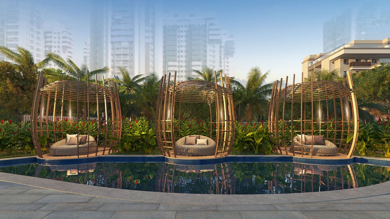 Perspectiva ilustrada das pool houses do Gaea Home Resort