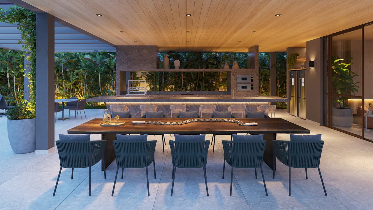 Perspectiva ilustrada da varanda da Pool Party House do Gaea Home Resort