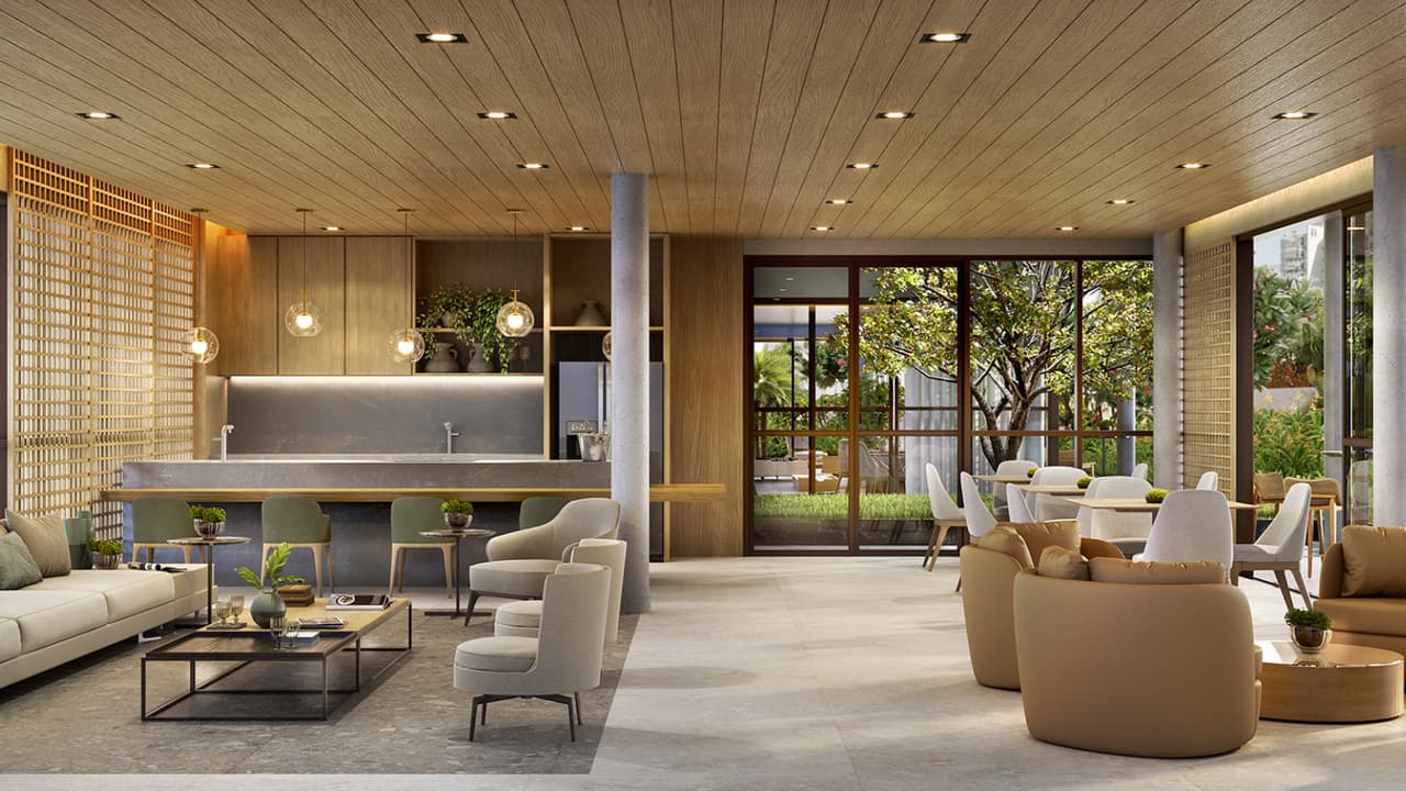 Perspectiva Ilustrada do salão gourmet do Gaea Home Resort