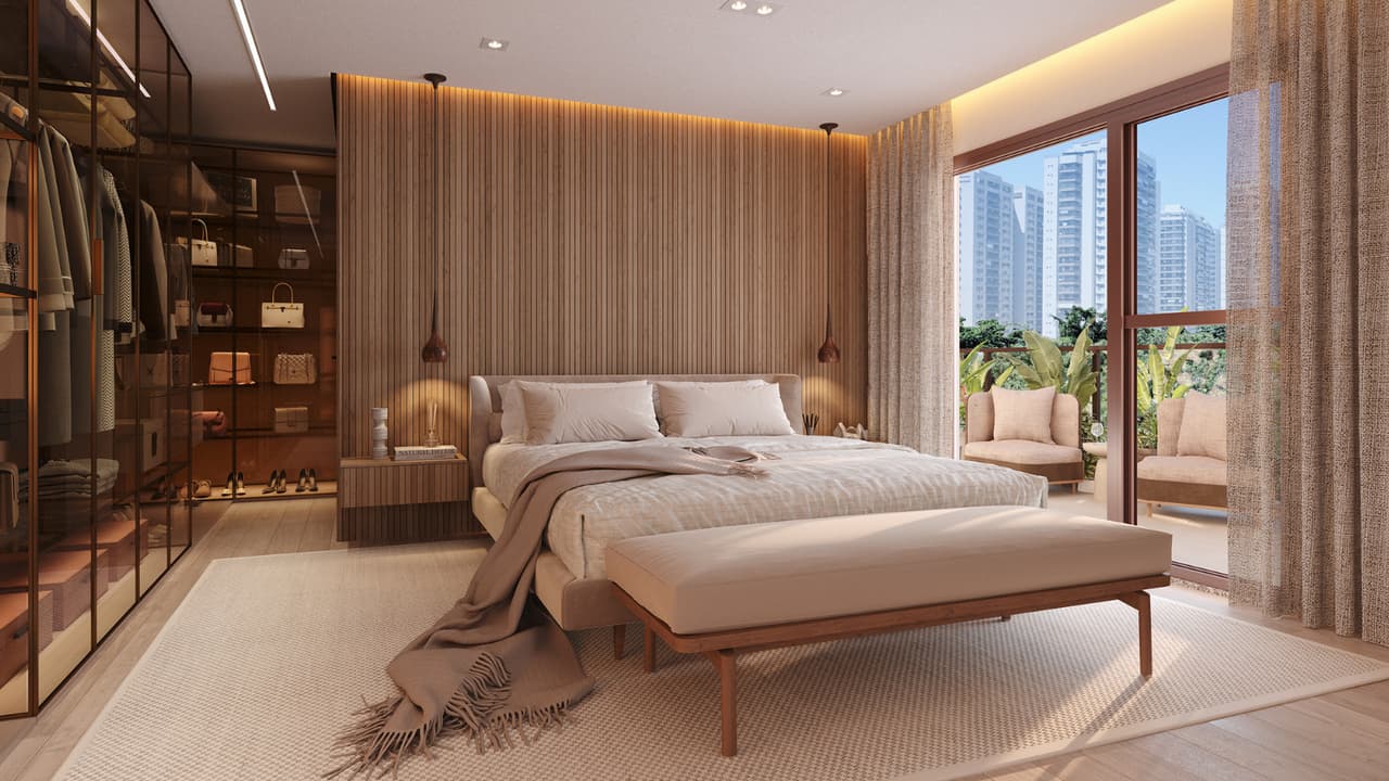 Perspectiva ilustrada da suíte master da cobertura linear 602 do edifício Ischia do Gaea Home Resort