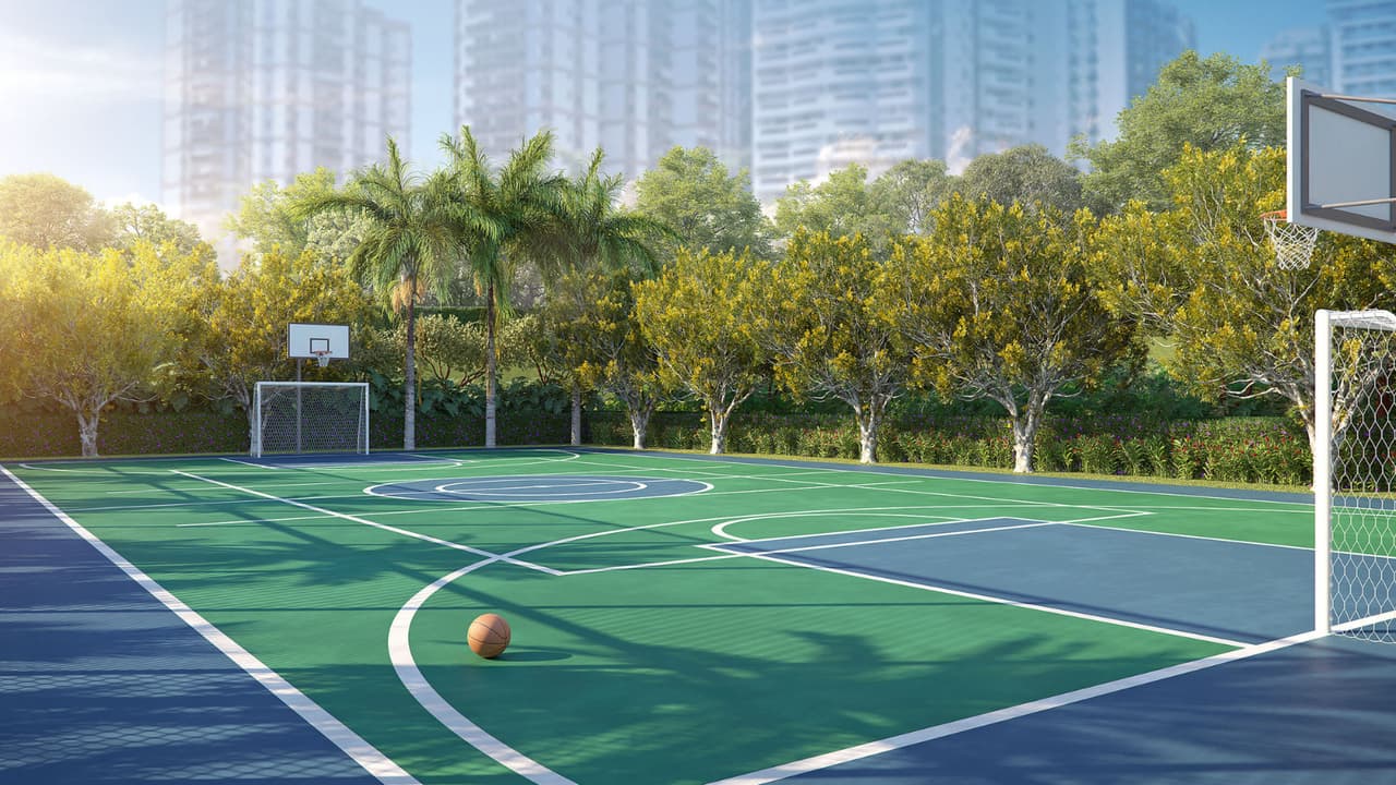 Perspectiva ilustrada da quadra recreativa do Gaea Home Resort