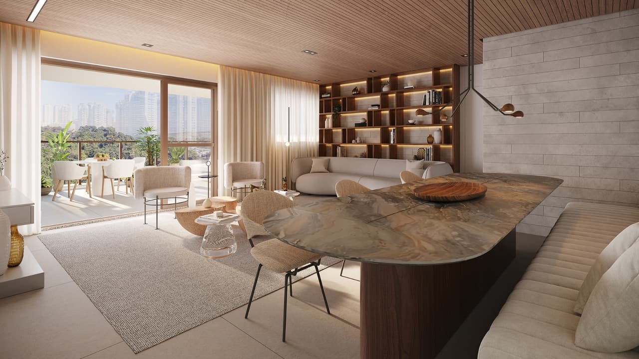 Perspectiva ilustrada da sala ampliada da unidade 503 do edificío Phuket do Gaea Home Resort