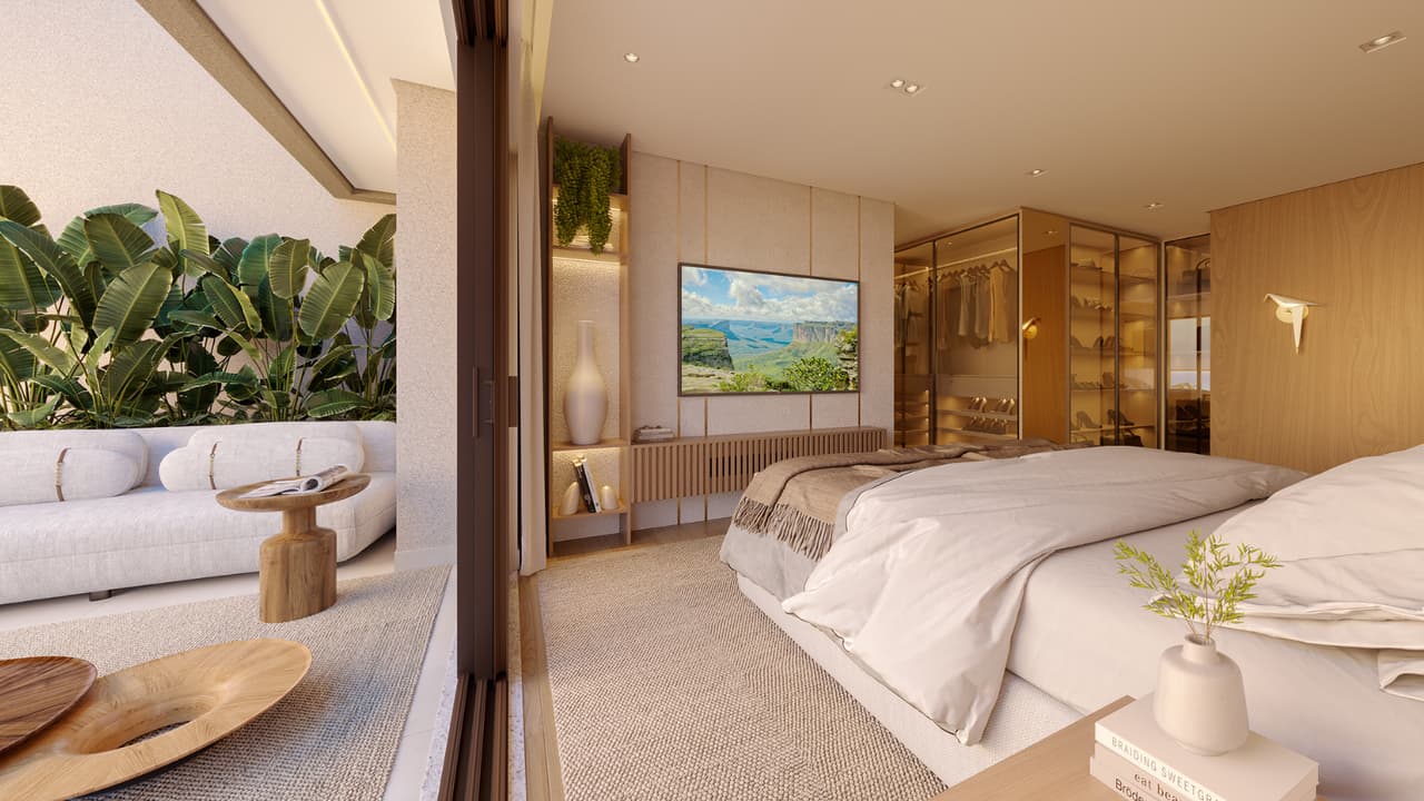 Perspectiva ilustrada da suíte master da cobertura linear 603 do edifício Moorea do Gaea Home Resort