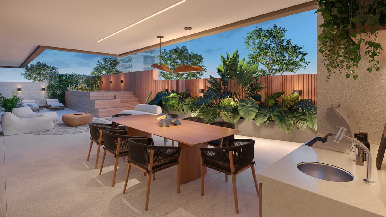 Perspectiva Ilustrada do terraço do garden 107 do edifício Moorea do Gaea Home Resort