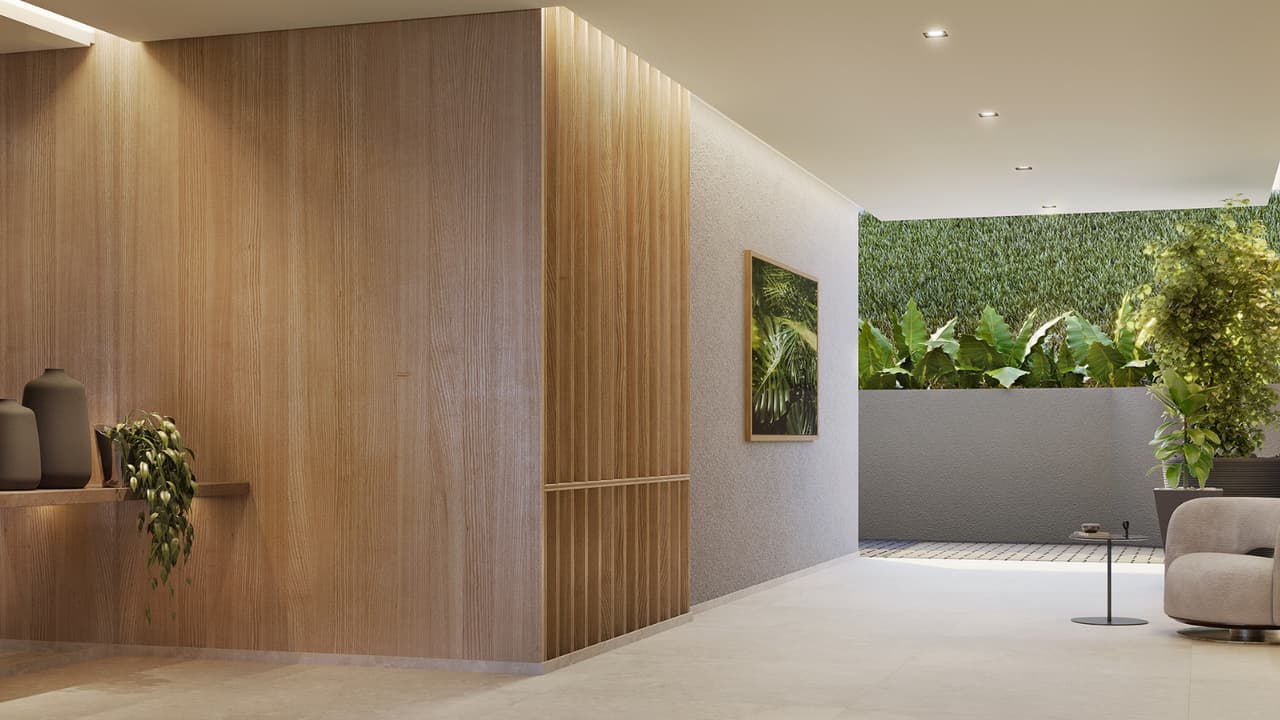 Perspectiva ilustrada do lobby no subsolo do edifício Ischia do Gaea Home Resort