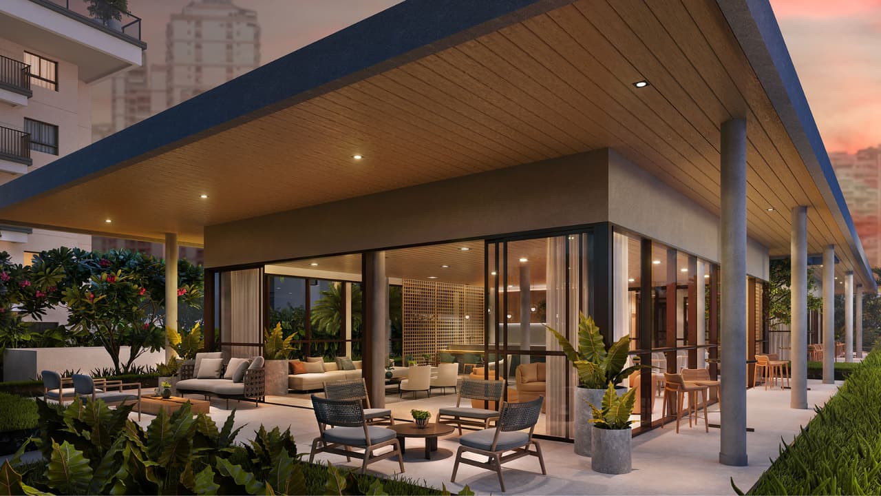 Perspectiva ilustrada da varanda do salão gourmet do Gaea Home Resort