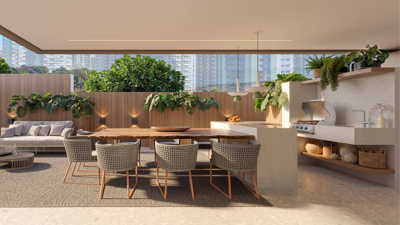 Perspectiva ilustrada do terraço do garden 105 do edifício Phuket do Gaea Home Resort