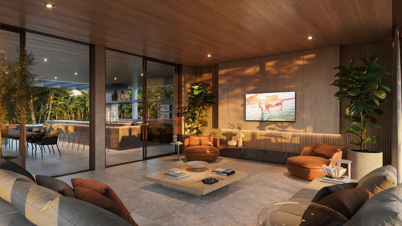 Perspectiva Ilustrada do living do Pool Party House do Gaea Home Resort