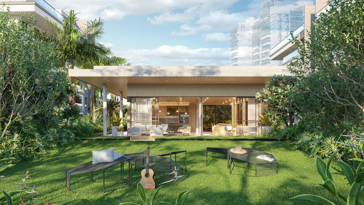 Perspectiva Ilustrada do lounge gramado do salão gourmet do Gaea Home Resort