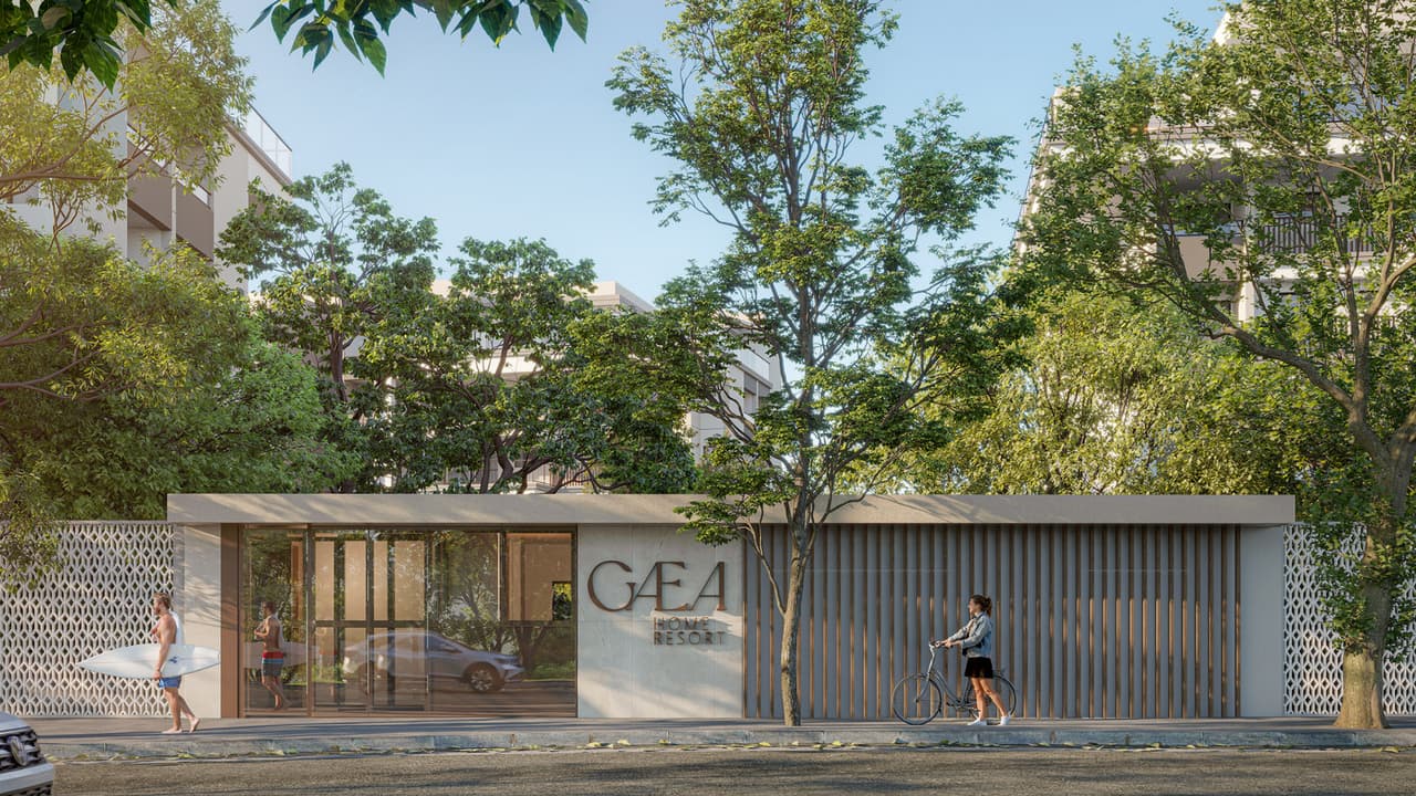 Perspectiva Ilustrada do acesso de pedestres pela Avenida Afonso Arinos de Melo Franco 300 do Gaea Home Resort