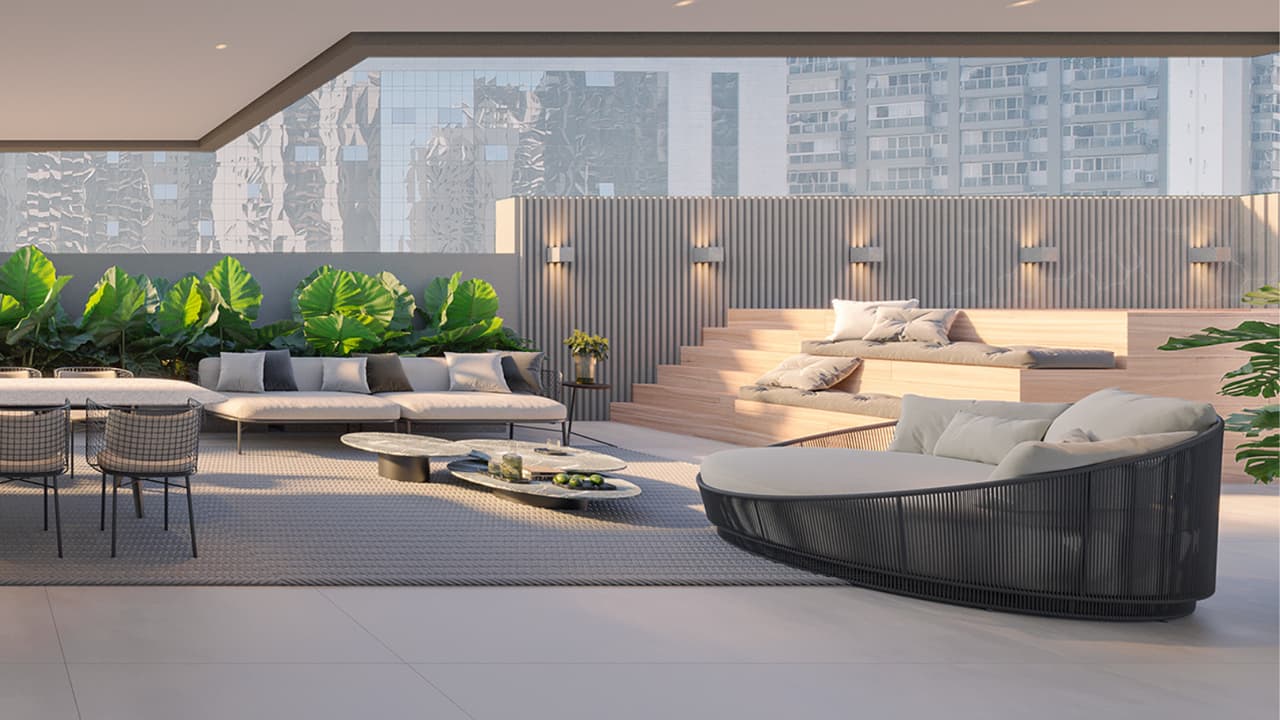 Perspectiva ilustrada do terraço do garden 103 do edifício Capri do Gaea Home Resort