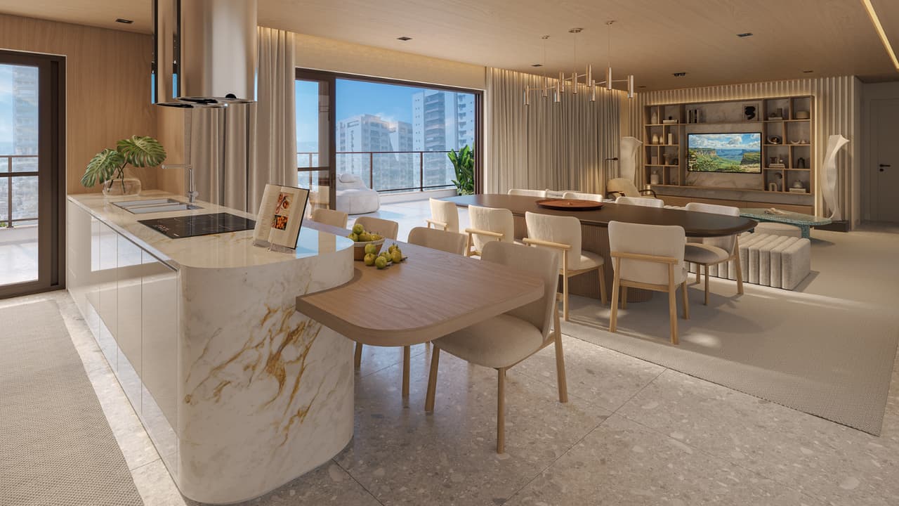 Perspectiva ilustrada da sala com cozinha integrada cobertura linear 603 do edifício Moorea do Gaea Home Resort