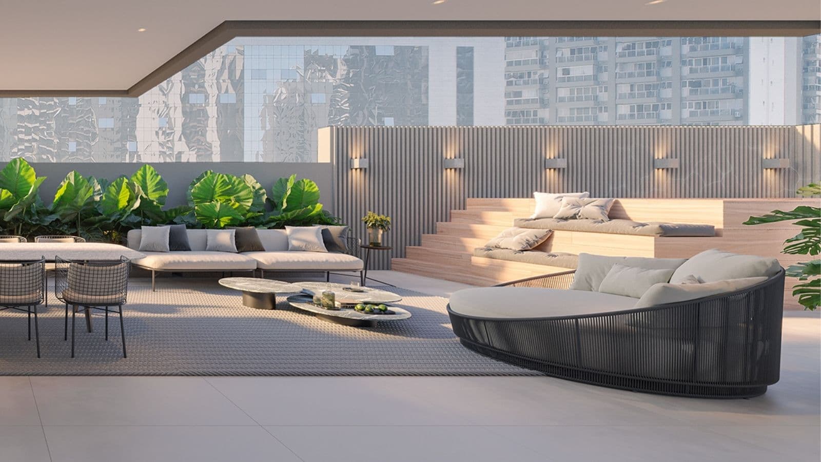 Perspectiva ilustrada do terraço do garden 103 do edifício Capri do Gaea Home Resort