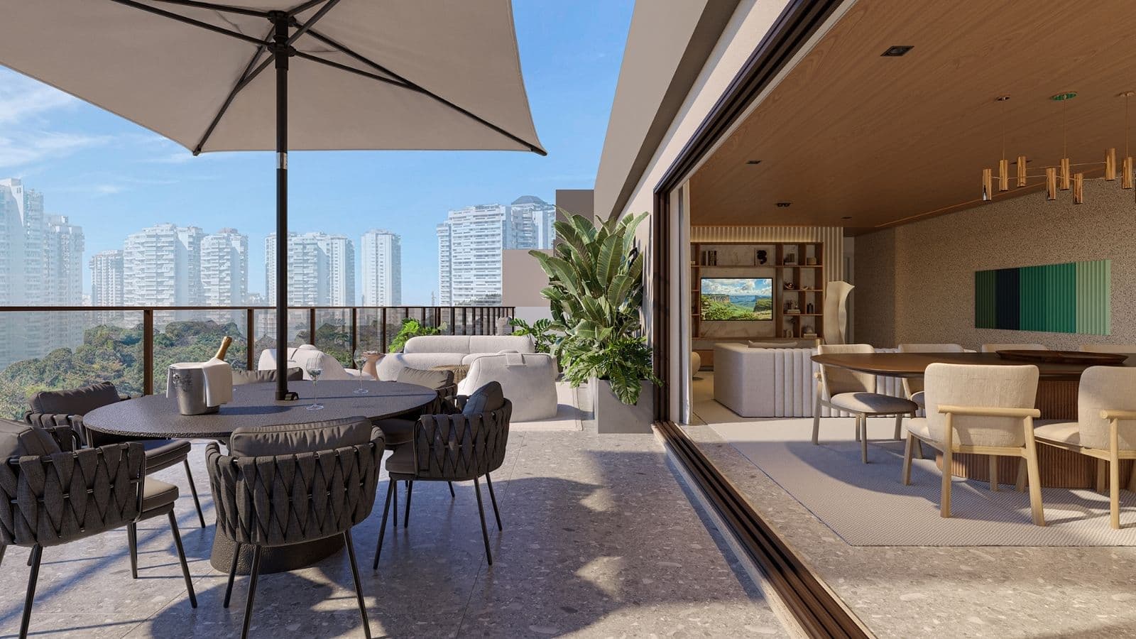 Perspectiva ilustrada do terraço da cobertura linear 603 do edifício Moorea do Gaea Home Resort