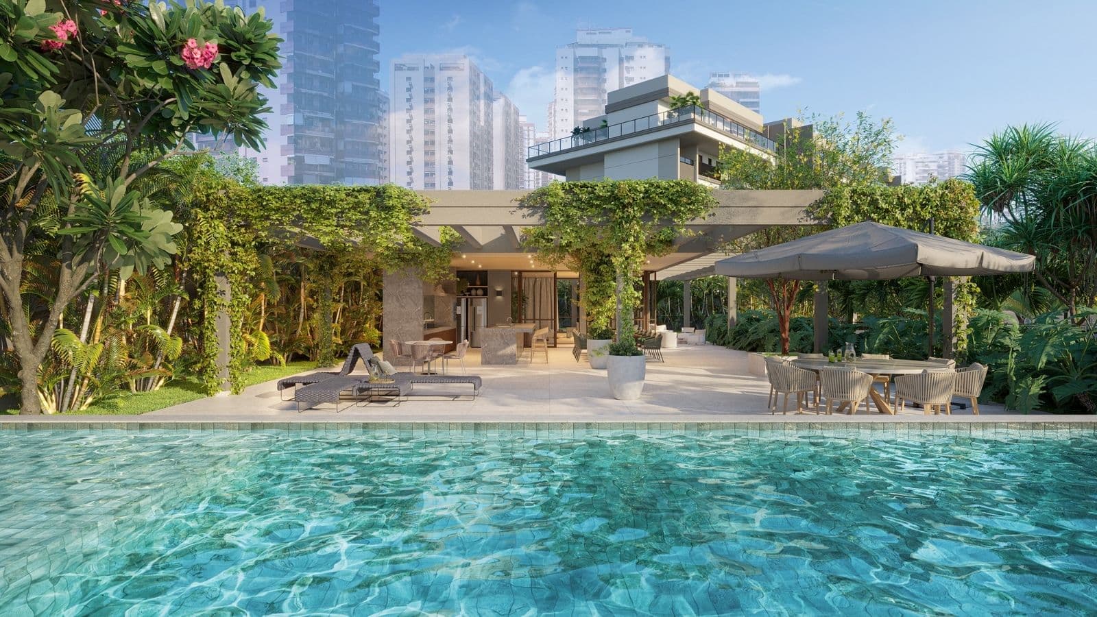 Perspectiva ilustrada da área externa da Pool Party House do Gaea Home Resort