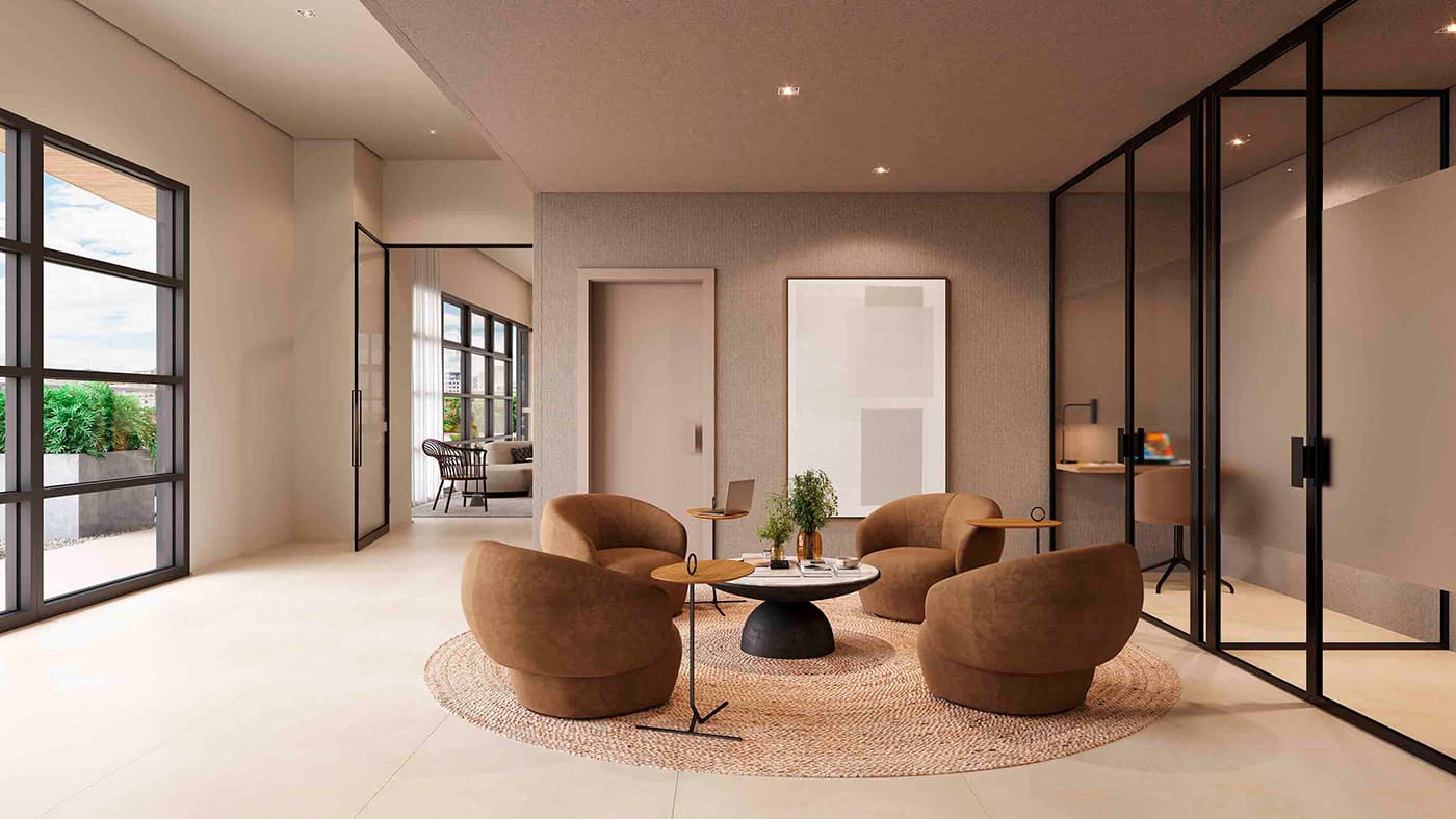 Perspectiva ilustrada do Coworking e Home Office