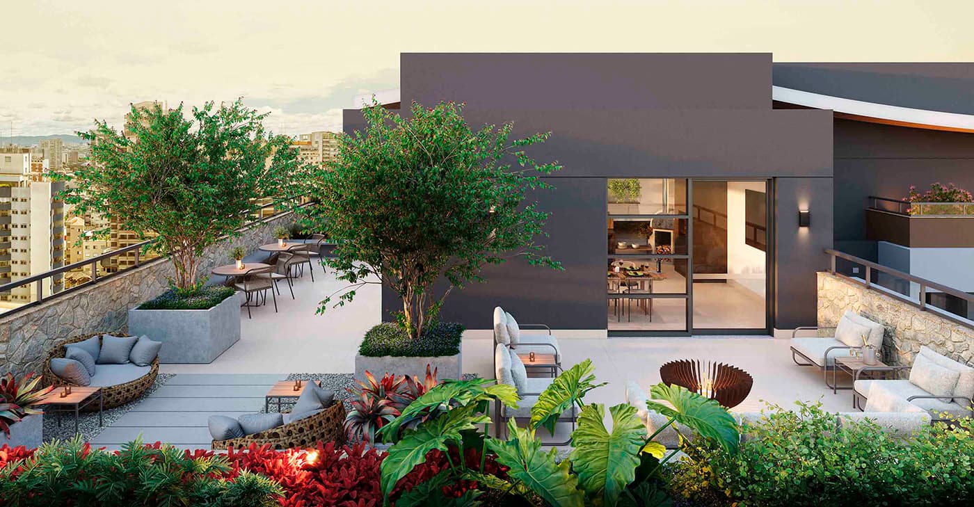 Perspectiva ilustrada do Lounge Churrasqueira Skyline no Rooftop