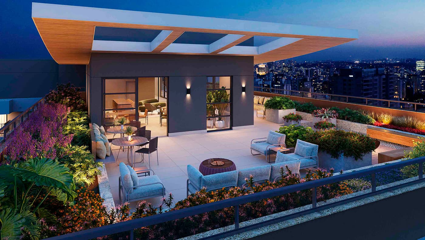 Perspectiva ilustrada do Lounge Skyline no Rooftop