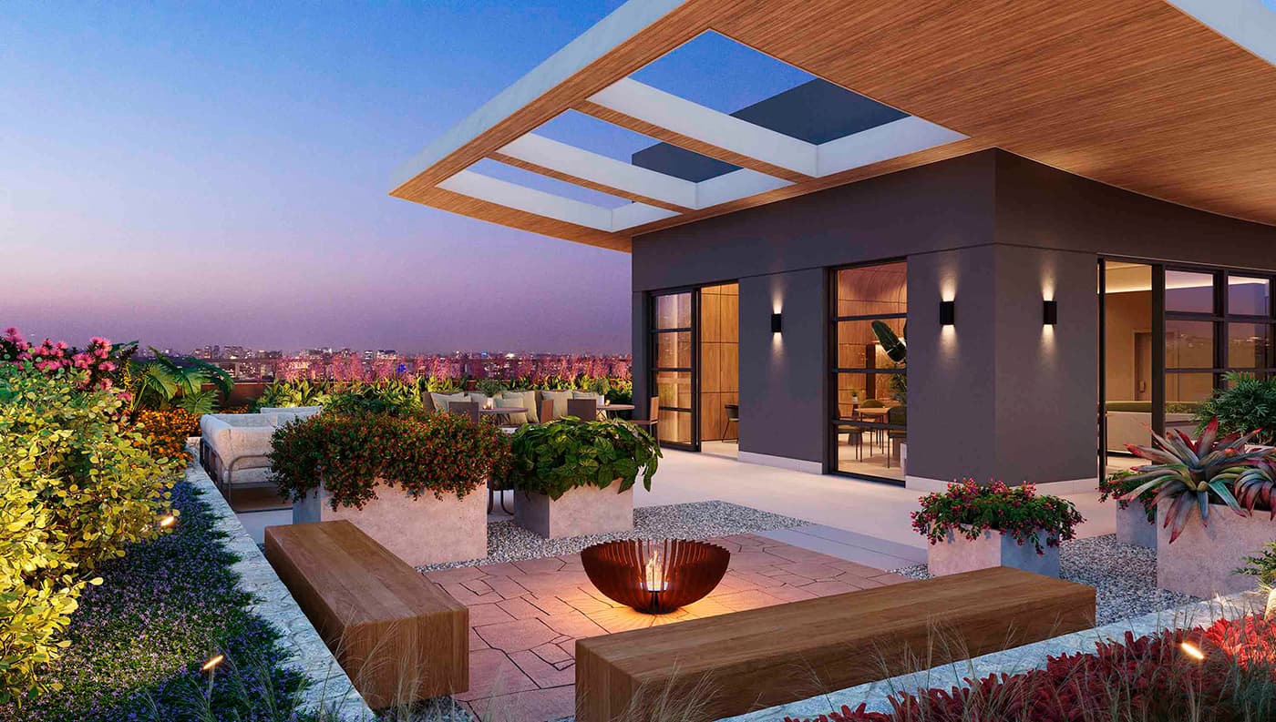 Perspectiva ilustrada do Lounge Skyline no Rooftop