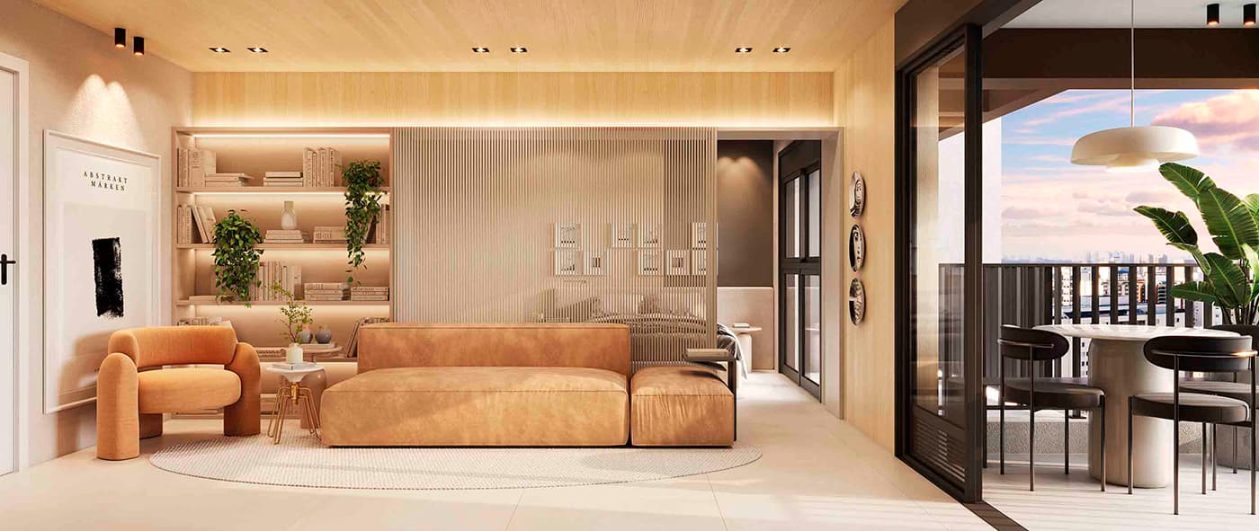 Perspectiva ilustrada do Living Decorado de 46m²