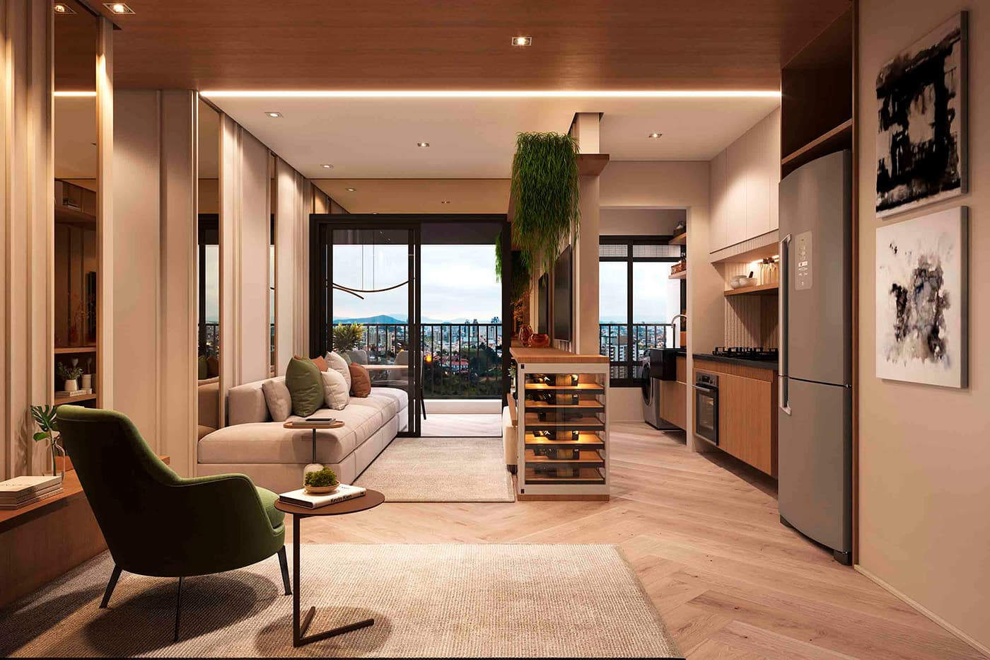 Perspectiva ilustrada do Living Decorado de 73m²