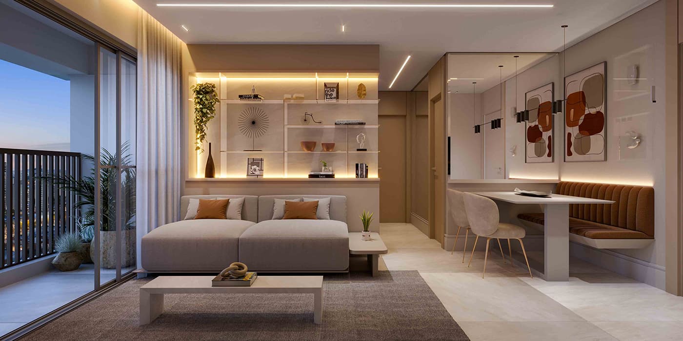 Perspectiva Ilustrada do Living do Apartamento Tipo 62²